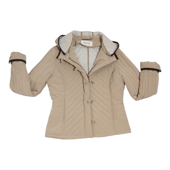 Calvin Klein Women’s Quilted Hooded Beige Zip Button Hook Closure Jacket Small - Picture 5 of 12